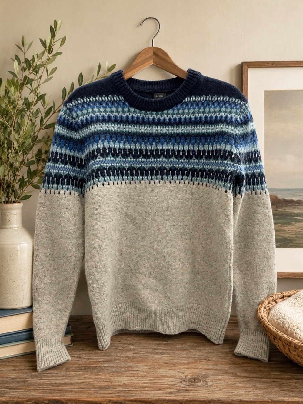 J. Crew Gray Crewneck lambswool Sweater with Blue Fair Isle Yoke size XS
